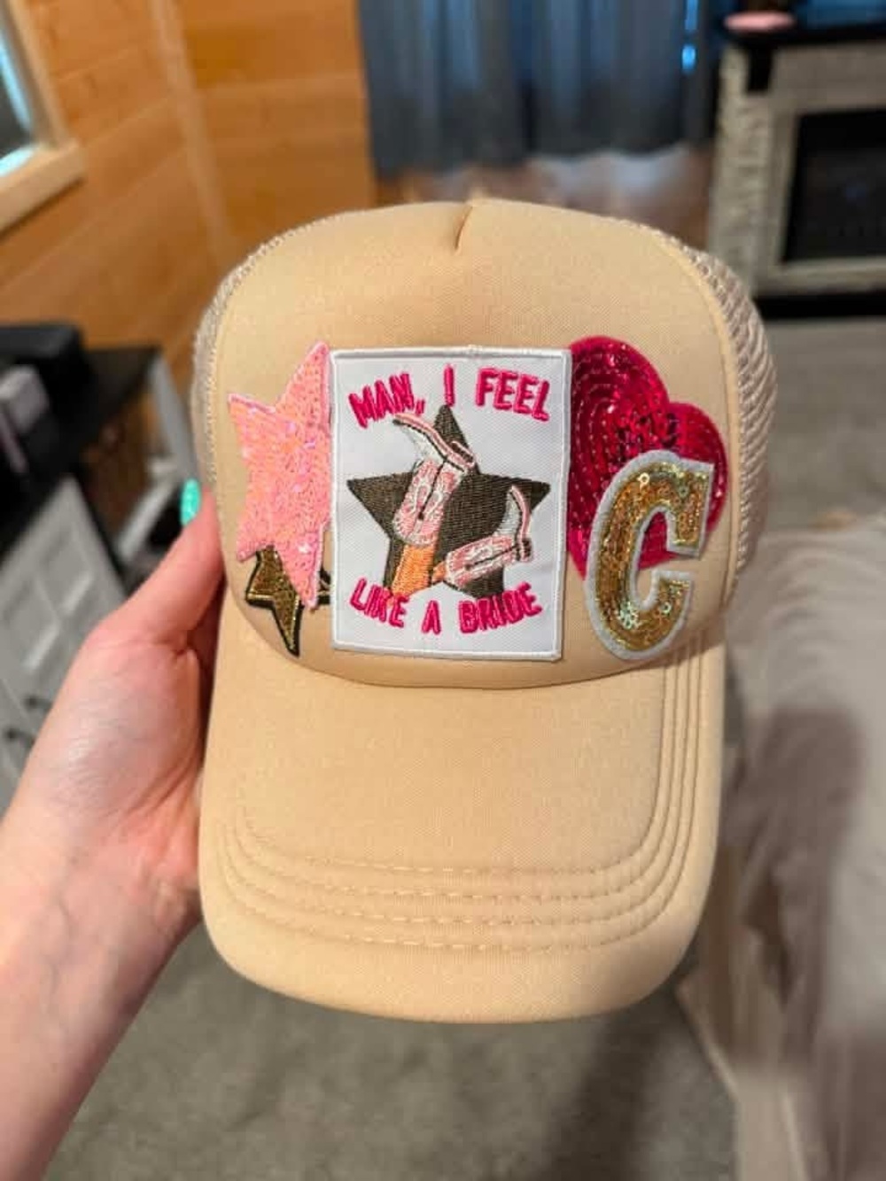 Bride Trucker Hat with a “C” on it